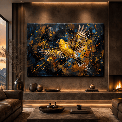 Golden Flight Burst Abstract Yellow Canary Bird Canvas Wall Art – Modern Bird Artwork - ART OF ROYALS