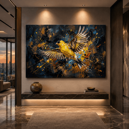 Golden Flight Burst Abstract Yellow Canary Bird Canvas Wall Art – Modern Bird Artwork - ART OF ROYALS