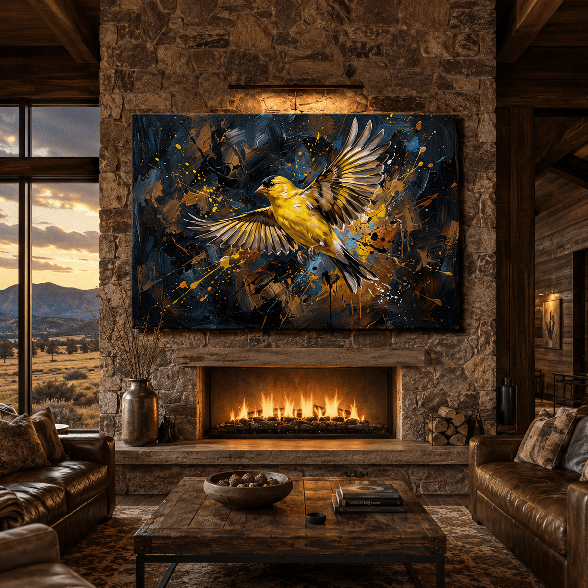 Golden Flight Burst Abstract Yellow Canary Bird Canvas Wall Art – Modern Bird Artwork - ART OF ROYALS
