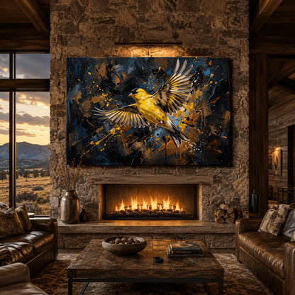 Golden Flight Burst Abstract Yellow Canary Bird Canvas Wall Art – Modern Bird Artwork - ART OF ROYALS
