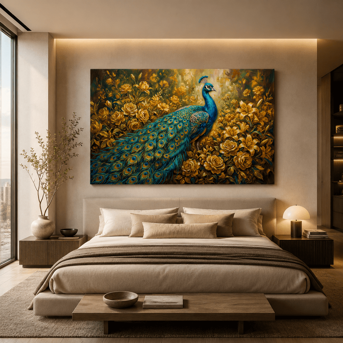 Golden Garden Peacock Canvas Wall Art – Luxury Floral Bird Decor for Elegant Interiors - ART OF ROYALS