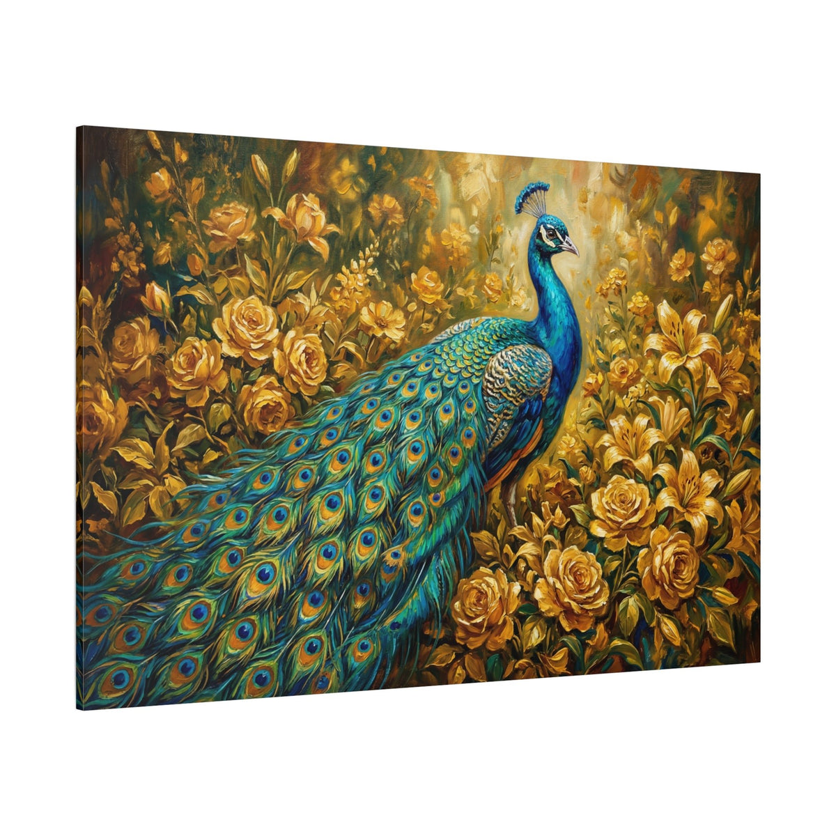 Golden Garden Peacock Canvas Wall Art – Luxury Floral Bird Decor for Elegant Interiors - ART OF ROYALS