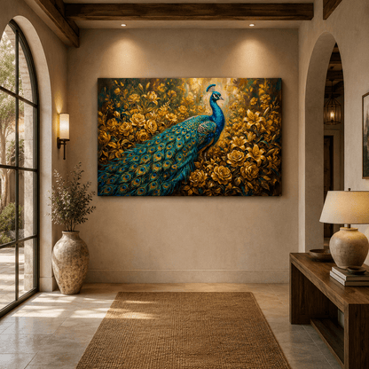 Golden Garden Peacock Canvas Wall Art – Luxury Floral Bird Decor for Elegant Interiors - ART OF ROYALS