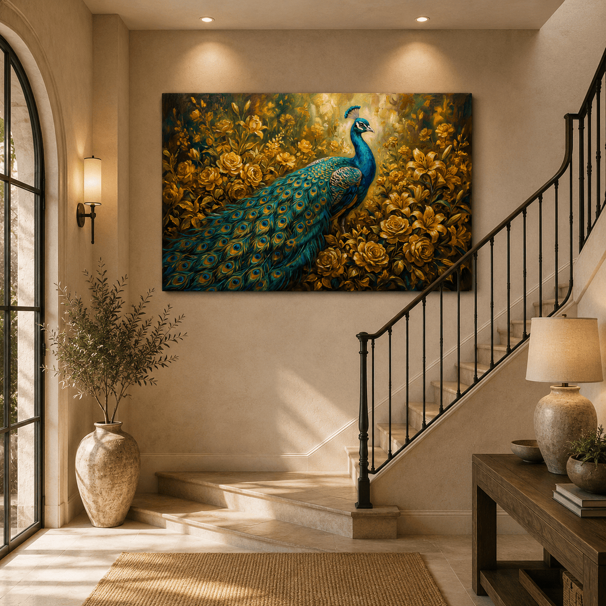 Golden Garden Peacock Canvas Wall Art – Luxury Floral Bird Decor for Elegant Interiors - ART OF ROYALS