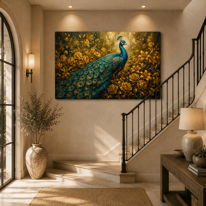 Golden Garden Peacock Canvas Wall Art – Luxury Floral Bird Decor for Elegant Interiors - ART OF ROYALS