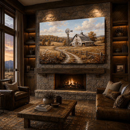 Golden Harvest Path Canvas Wall Art – Rustic Barn & Windmill Farmhouse Landscape Decor - ART OF ROYALS