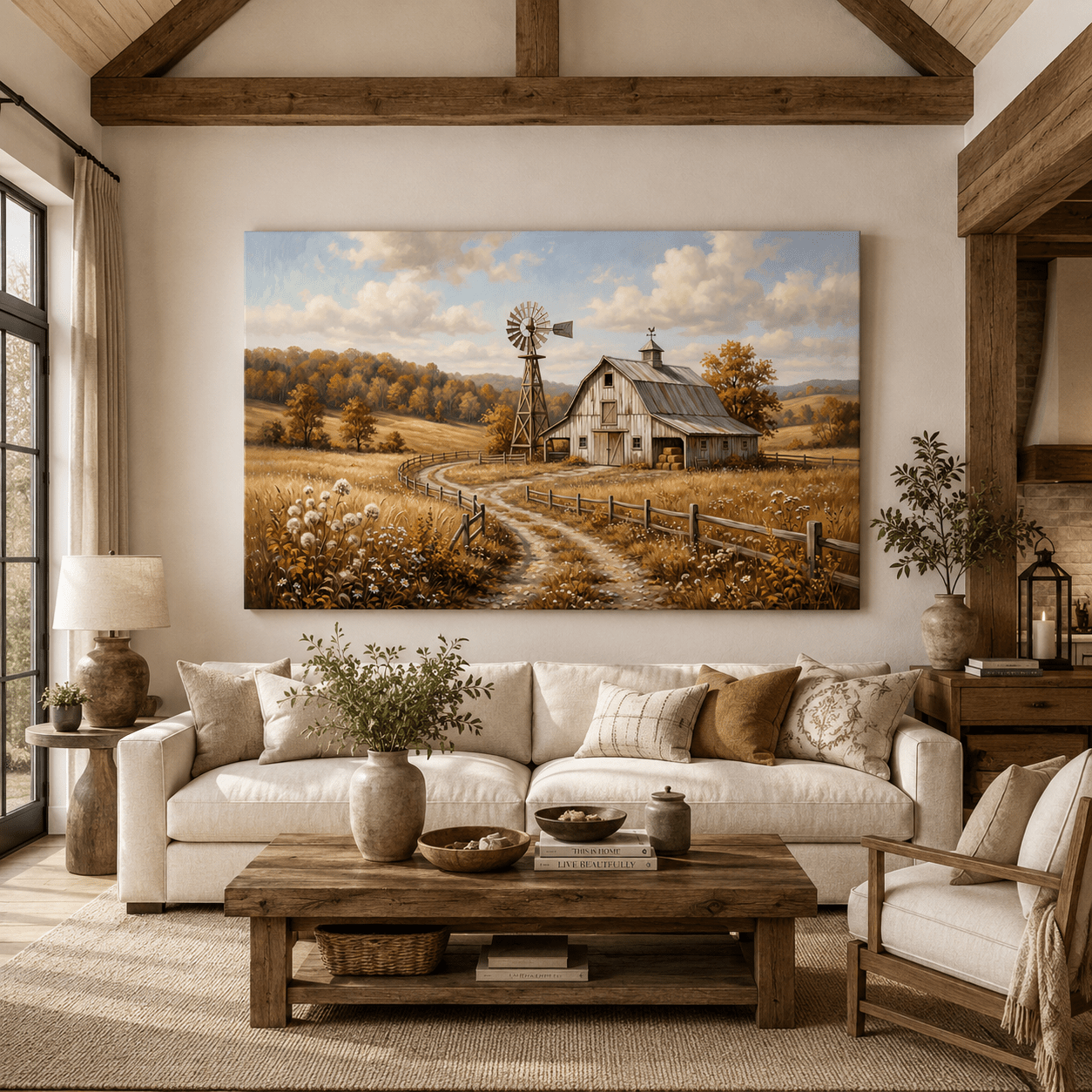 Golden Harvest Path Rustic Barn Windmill Serenity Canvas Wall Art