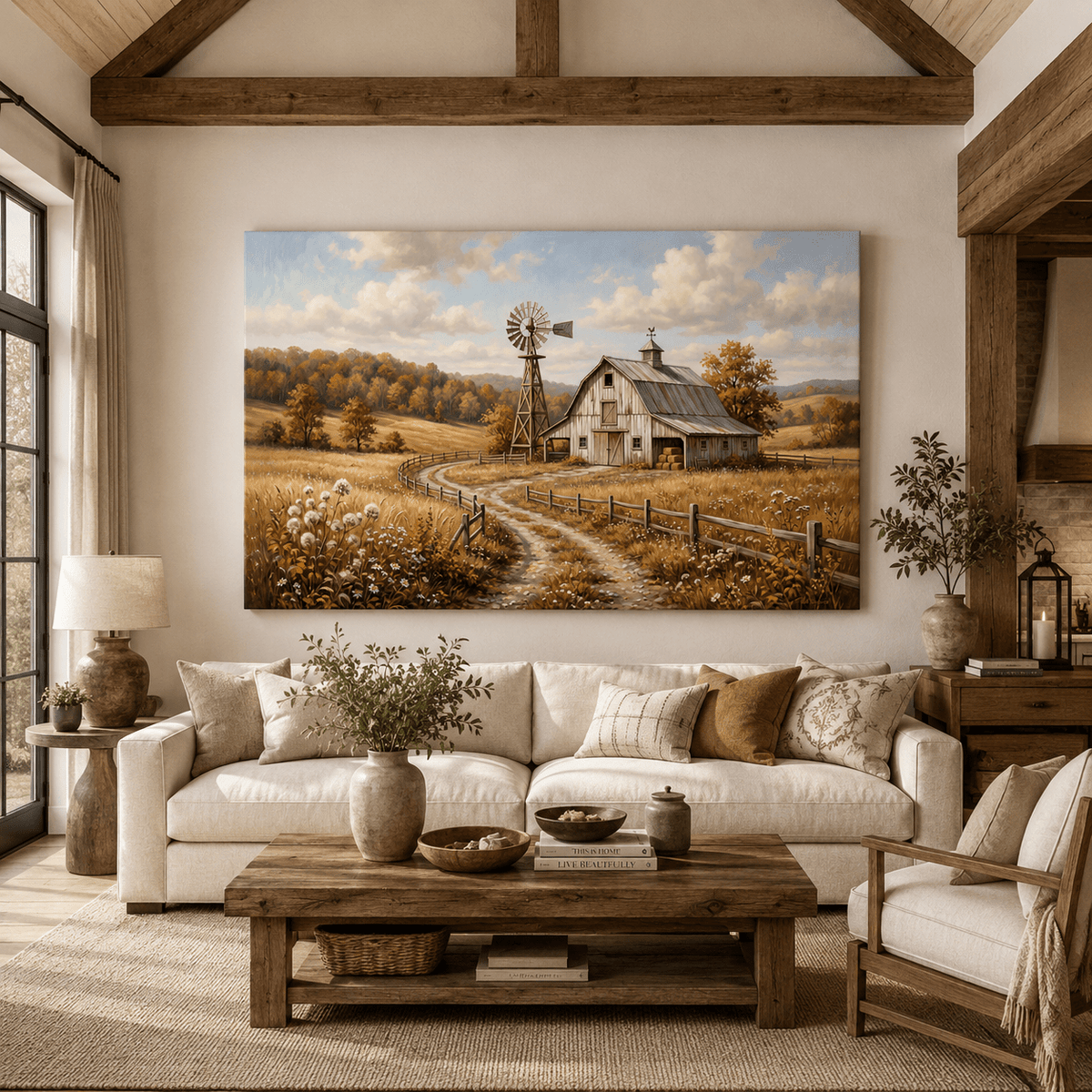 Golden Harvest Path Canvas Wall Art – Rustic Barn & Windmill Farmhouse Landscape Decor - ART OF ROYALS