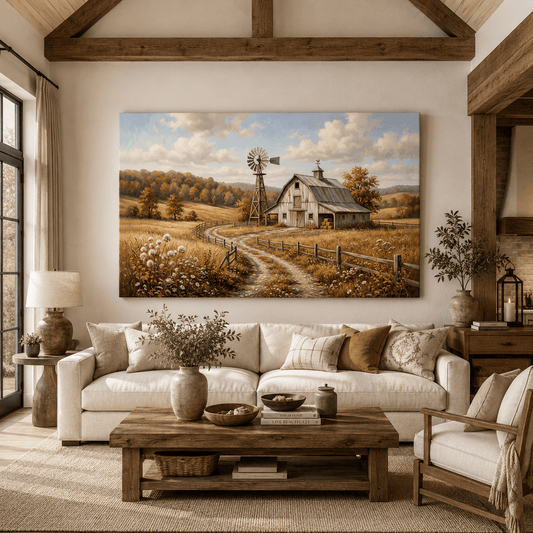 Golden Harvest Path Canvas Wall Art – Rustic Barn & Windmill Farmhouse Landscape Decor - ART OF ROYALS