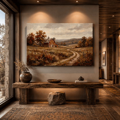 Golden Harvest Path Rustic Autumn Barn Canvas Wall Art – Farmhouse Countryside Landscape Decor - ART OF ROYALS