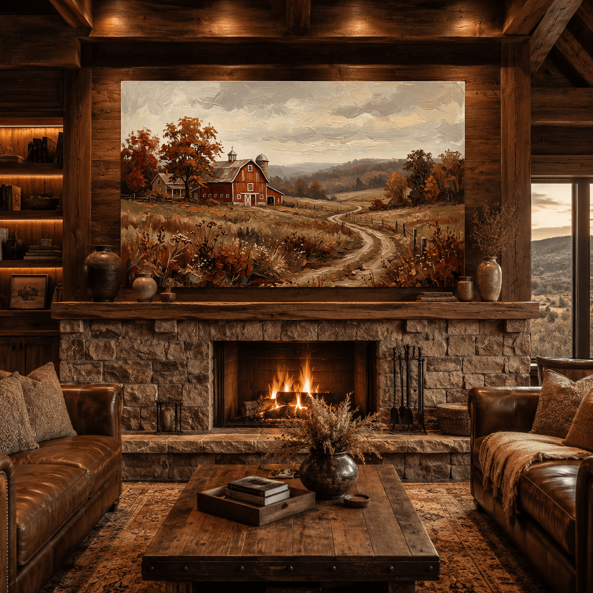 Golden Harvest Path Rustic Autumn Barn Canvas Wall Art – Farmhouse Countryside Landscape Decor - ART OF ROYALS