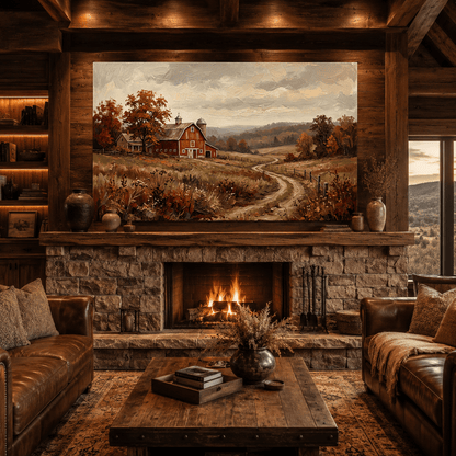 Golden Harvest Path Rustic Autumn Barn Canvas Wall Art – Farmhouse Countryside Landscape Decor - ART OF ROYALS