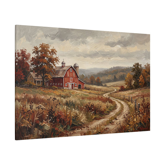 Golden Harvest Path Rustic Autumn Barn Canvas Wall Art – Farmhouse Countryside Landscape Decor - ART OF ROYALS