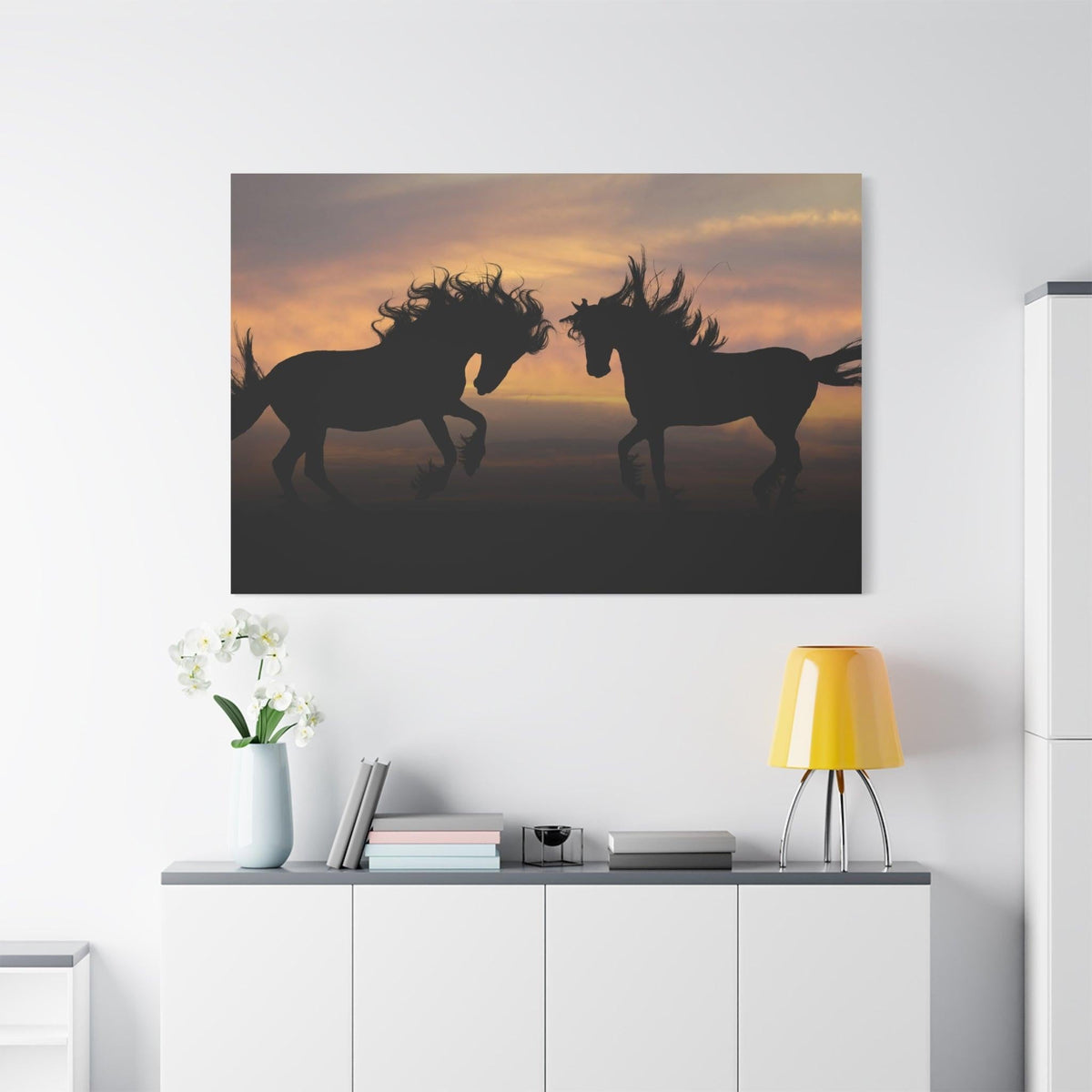Golden Horizon Horses Canvas Art – Majestic Silhouettes at Dusk - ART OF ROYALS