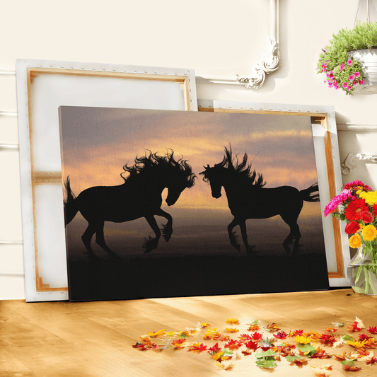 Golden Horizon Horses Canvas Art – Majestic Silhouettes at Dusk - ART OF ROYALS