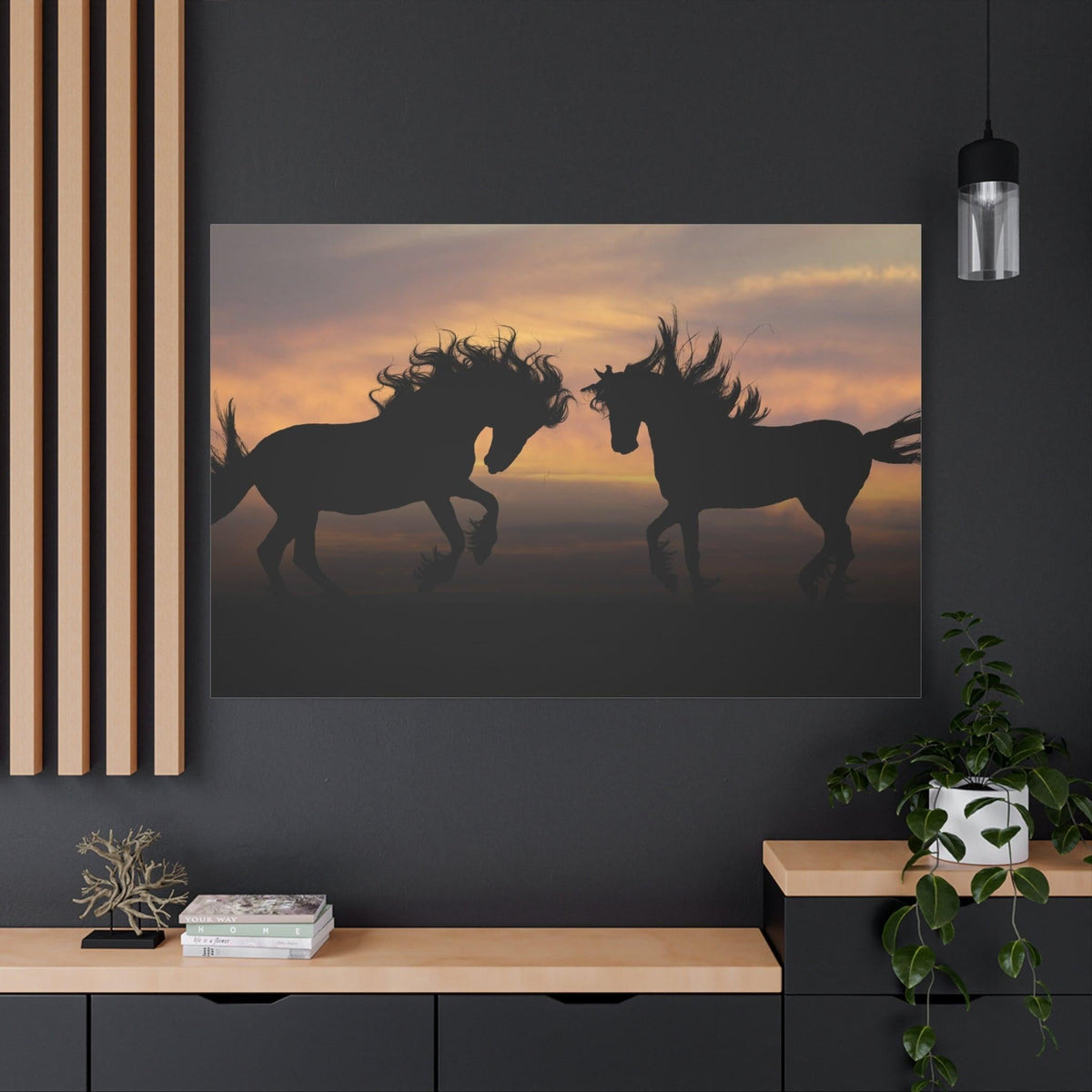 Golden Horizon Horses Canvas Art – Majestic Silhouettes at Dusk - ART OF ROYALS