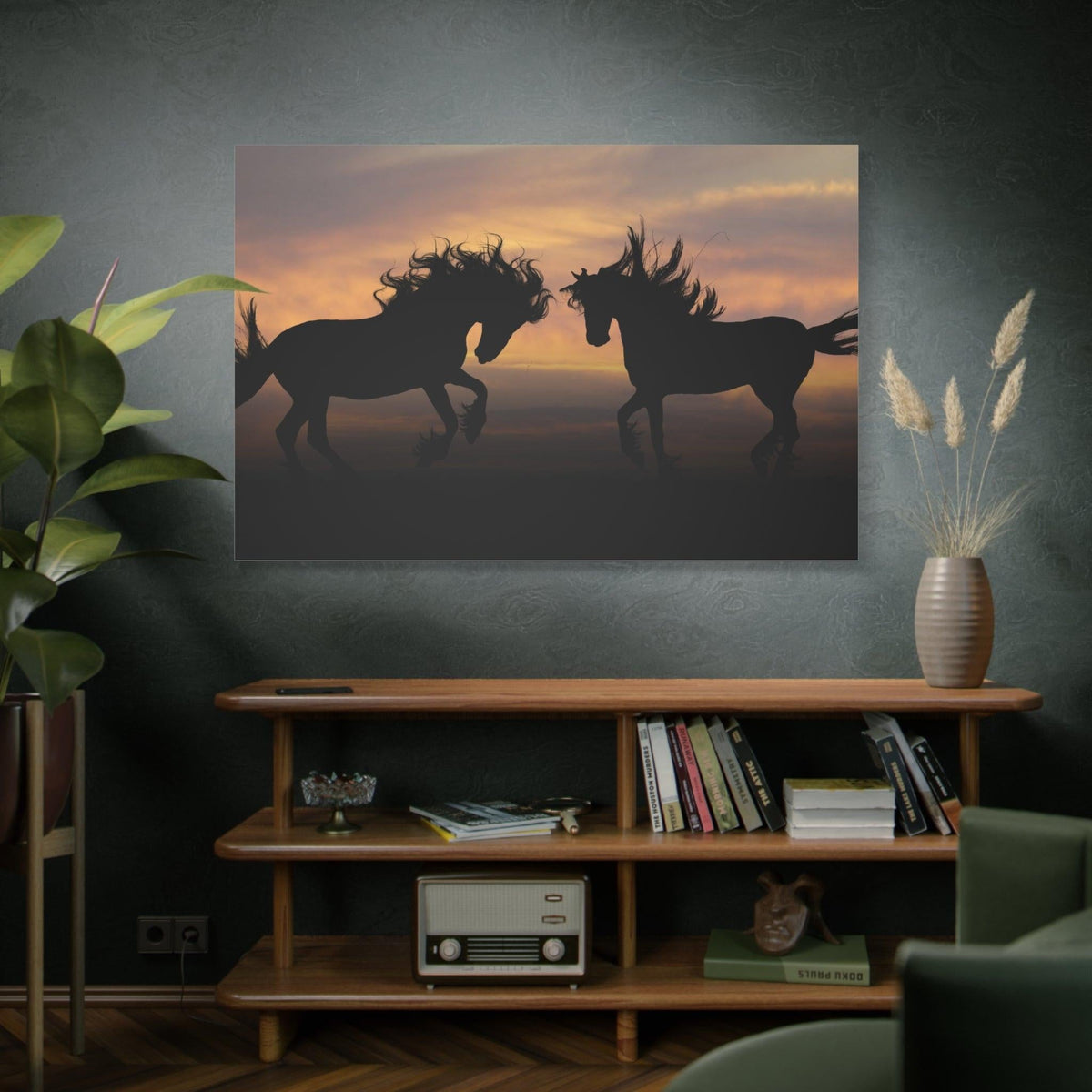 Golden Horizon Horses Canvas Art – Majestic Silhouettes at Dusk - ART OF ROYALS
