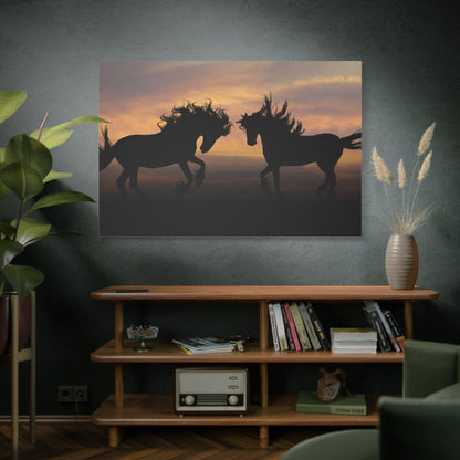 Golden Horizon Horses Canvas Art – Majestic Silhouettes at Dusk - ART OF ROYALS