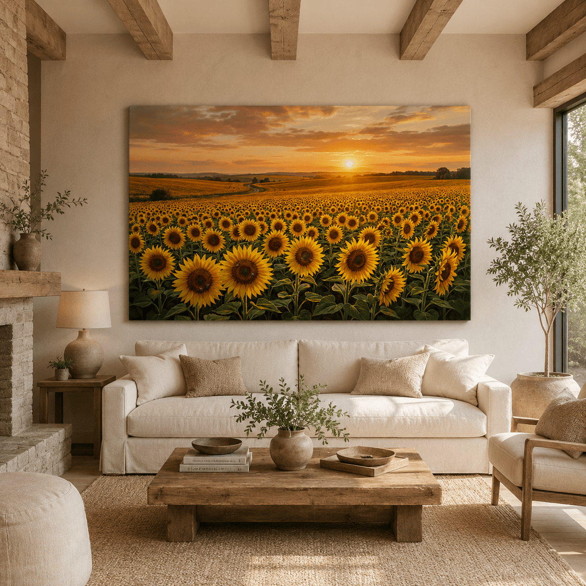 Golden Horizon Sunflower Field Canvas Wall Art – Sunset Landscape & Rustic Nature Decor - ART OF ROYALS