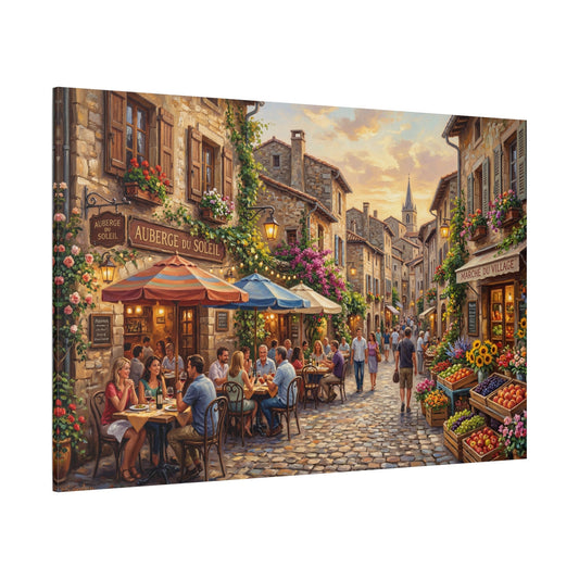 Golden Hour European Village Café Canvas Wall Art – Rustic French Street & Cozy Café Decor - ART OF ROYALS