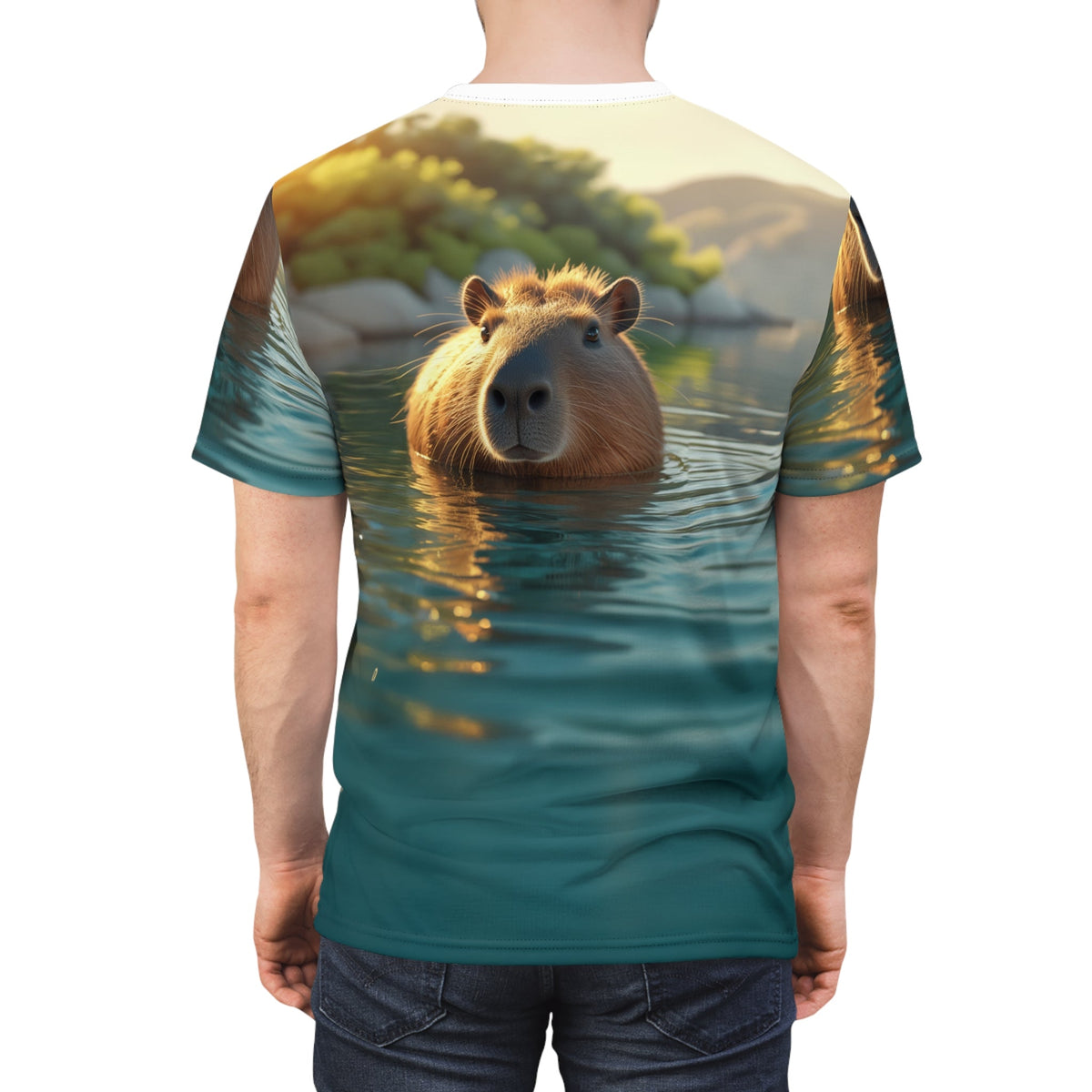 Golden Hour Serenity: Capybara Floating in Water - ART OF ROYALS