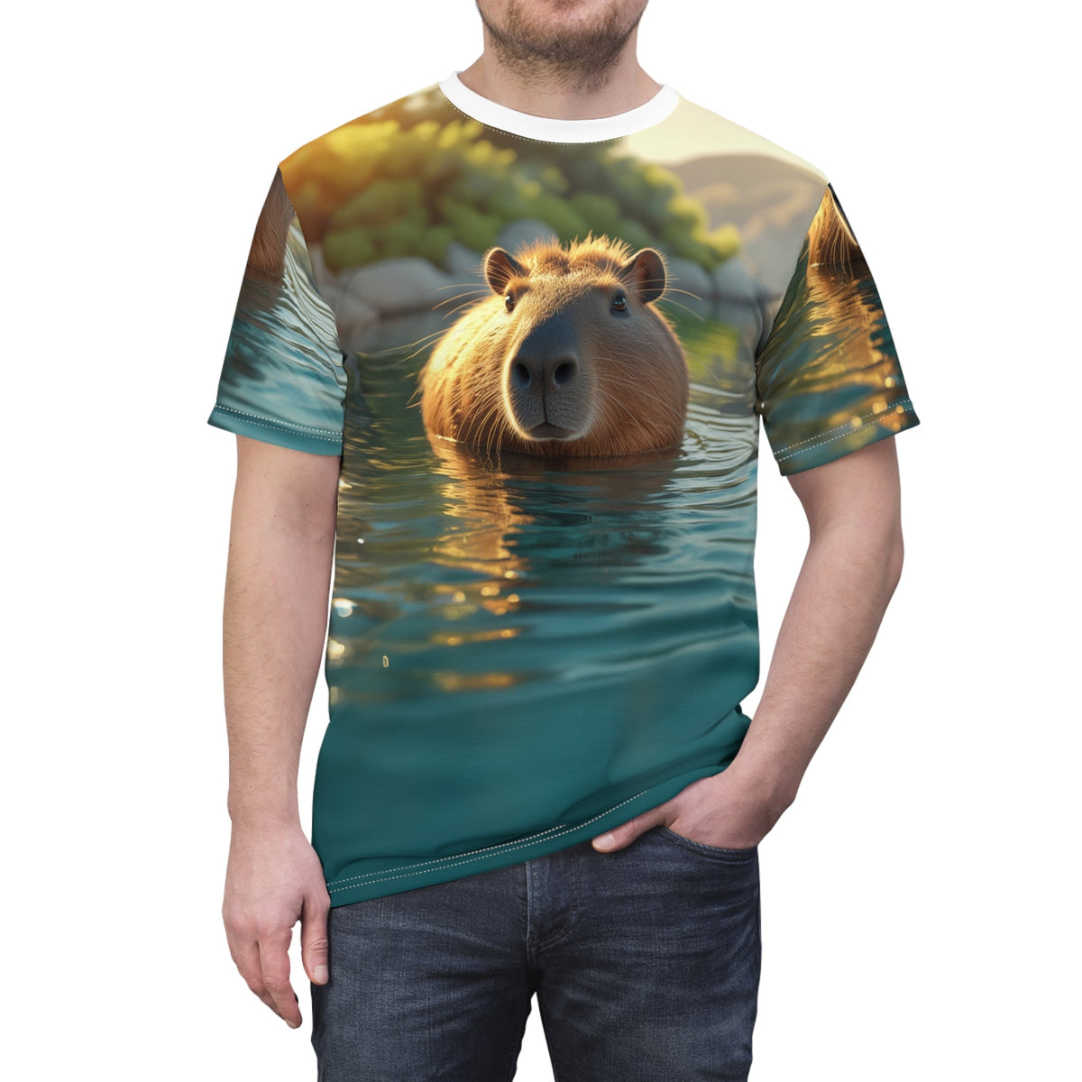 Golden Hour Serenity: Capybara Floating in Water - ART OF ROYALS