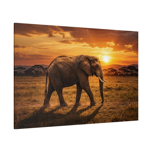 Golden Journey Majestic Elephant at African Sunset Canvas Wall Art – Safari Wildlife Decor - ART OF ROYALS