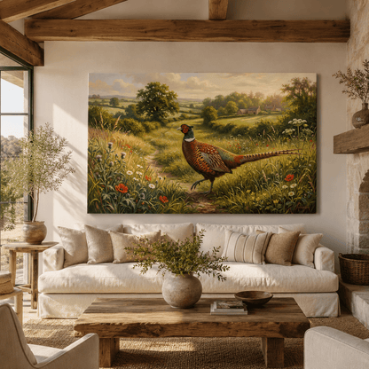 Golden Meadow Pheasant Countryside Wildlife Canvas Wall Art – Rustic Farmhouse Decor - ART OF ROYALS