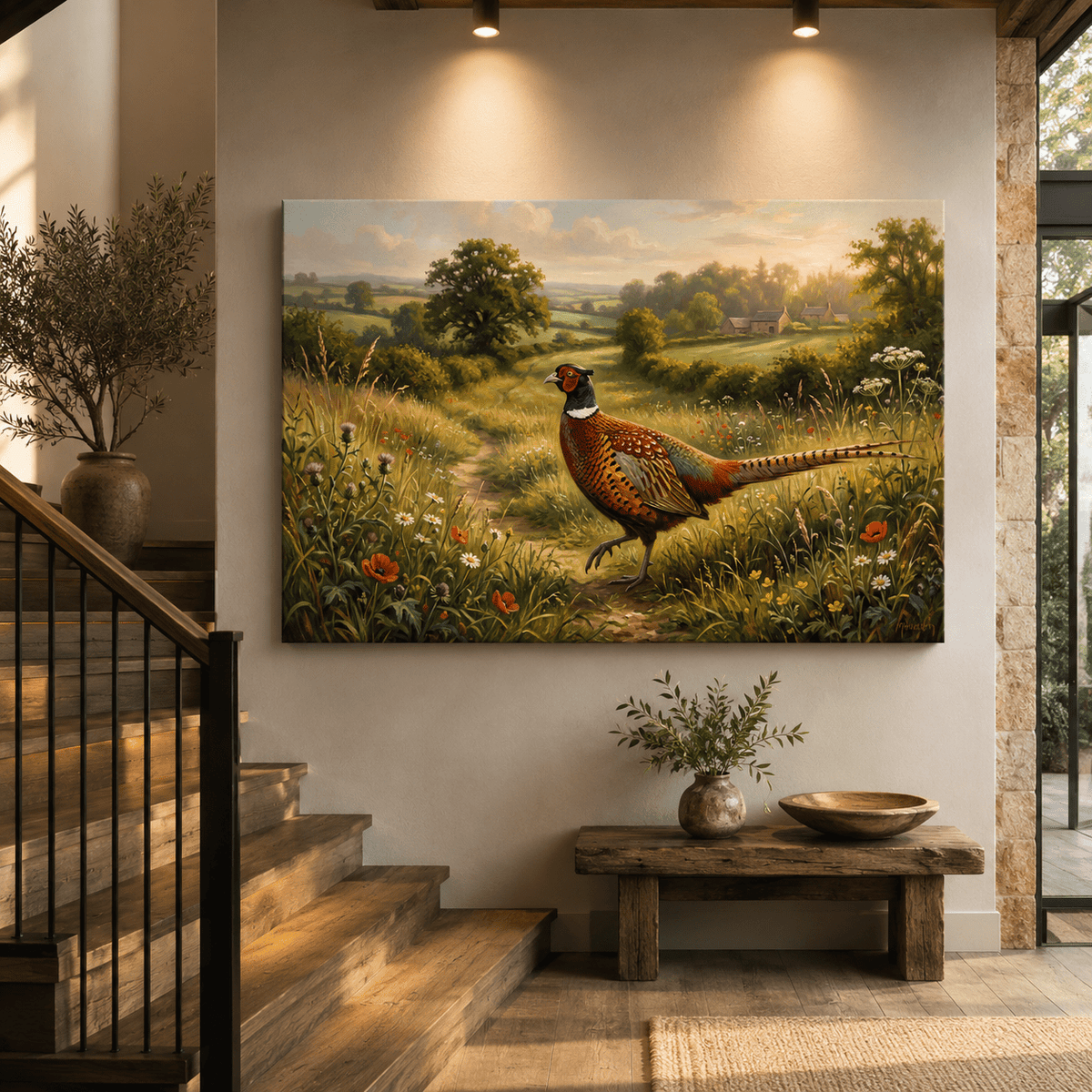 Golden Meadow Pheasant Countryside Wildlife Canvas Wall Art – Rustic Farmhouse Decor - ART OF ROYALS