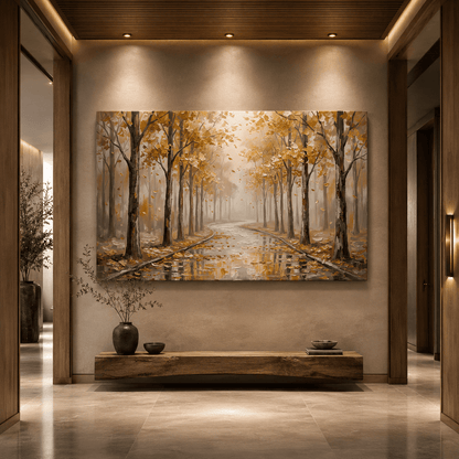 Golden Silence Autumn Forest Canvas Wall Art – Misty Nature Landscape Decor for Peaceful Interiors - ART OF ROYALS