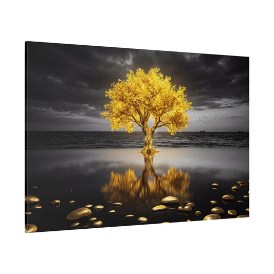 Golden Solitude Radiant Tree Reflection Canvas Wall Art – Luxury Modern Gold Tree Decor - ART OF ROYALS