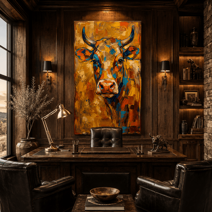 Golden Spirit Abstract Colorful Cow Canvas Wall Art – Modern Farmhouse Animal Decor - ART OF ROYALS