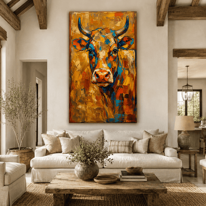 Golden Spirit Abstract Colorful Cow Canvas Wall Art – Modern Farmhouse Animal Decor - ART OF ROYALS