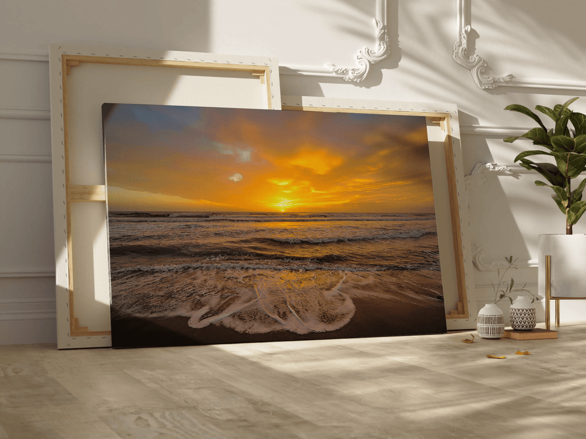 Golden Sunset Over Ocean Waves – Serene Beachscape - ART OF ROYALS