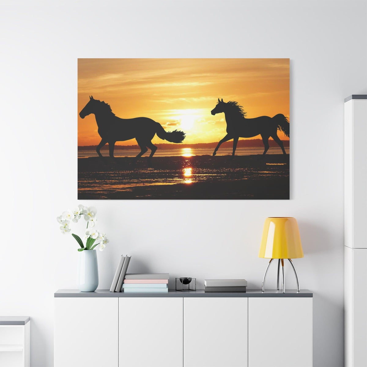 Golden Sunset Wild Horses Canvas Art – Tranquil Nature - ART OF ROYALS