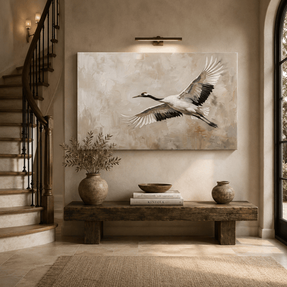 Grace in Flight Elegant Crane Bird Canvas Wall Art – Minimalist Zen Nature Decor - ART OF ROYALS