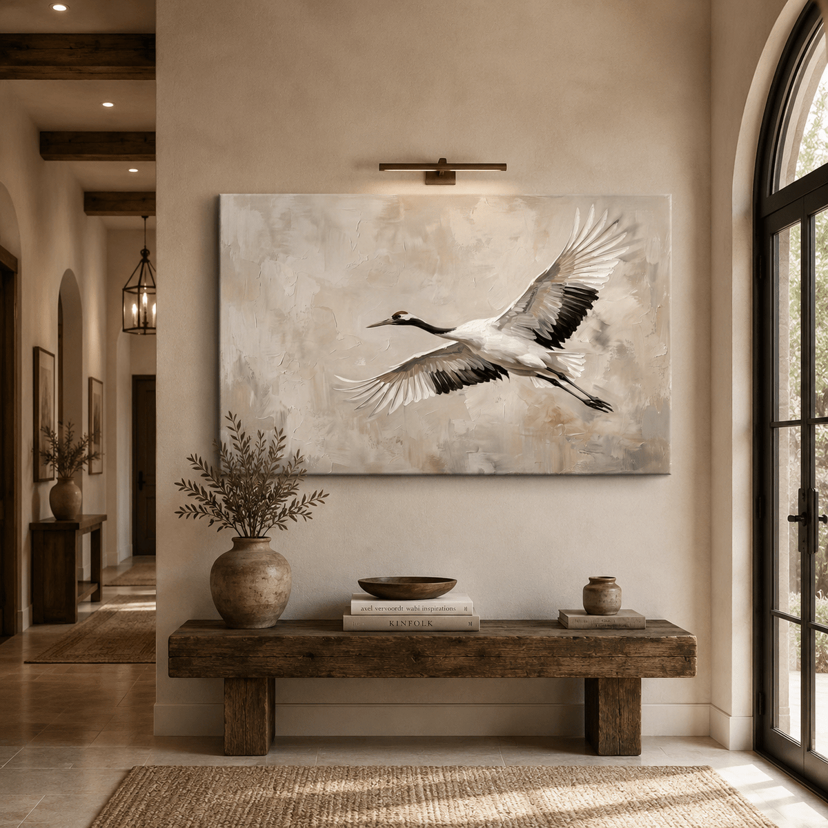 Grace in Flight Elegant Crane Bird Canvas Wall Art – Minimalist Zen Nature Decor - ART OF ROYALS