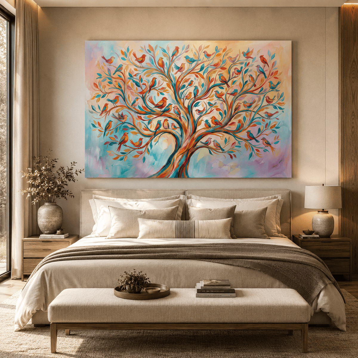 Harmony in Bloom Tree of Songbirds Canvas Wall Art – Colorful Nature Decor for Joyful Interiors - ART OF ROYALS
