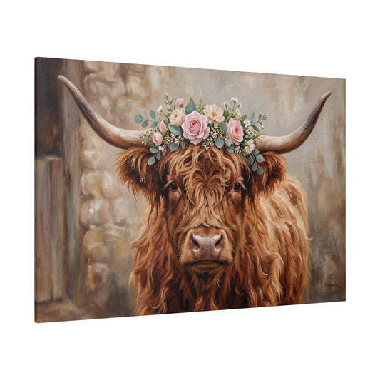 Highland Cow with Floral Crown Canvas Wall Art – Rustic Farmhouse Cow Painting - ART OF ROYALS
