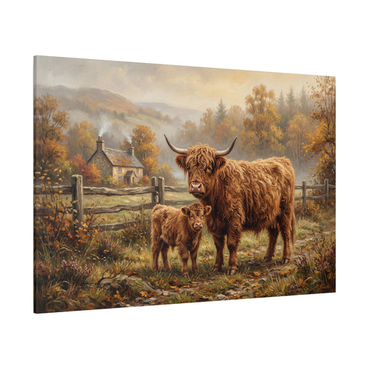 Highland Harmony Cow and Calf Autumn Countryside Canvas Wall Art – Rustic Farmhouse Decor - ART OF ROYALS