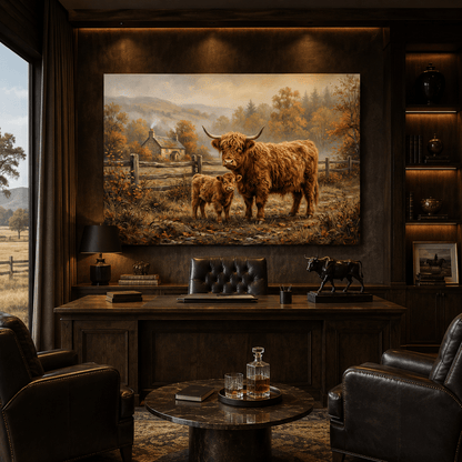 Highland Harmony Cow and Calf Autumn Countryside Canvas Wall Art – Rustic Farmhouse Decor - ART OF ROYALS