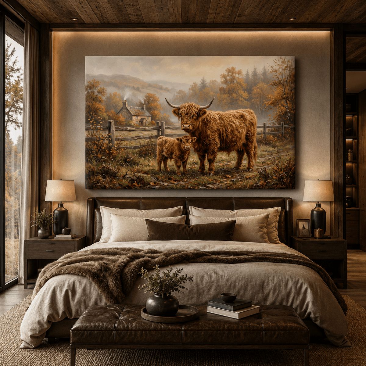 Highland Harmony Cow and Calf Autumn Countryside Canvas Wall Art – Rustic Farmhouse Decor - ART OF ROYALS