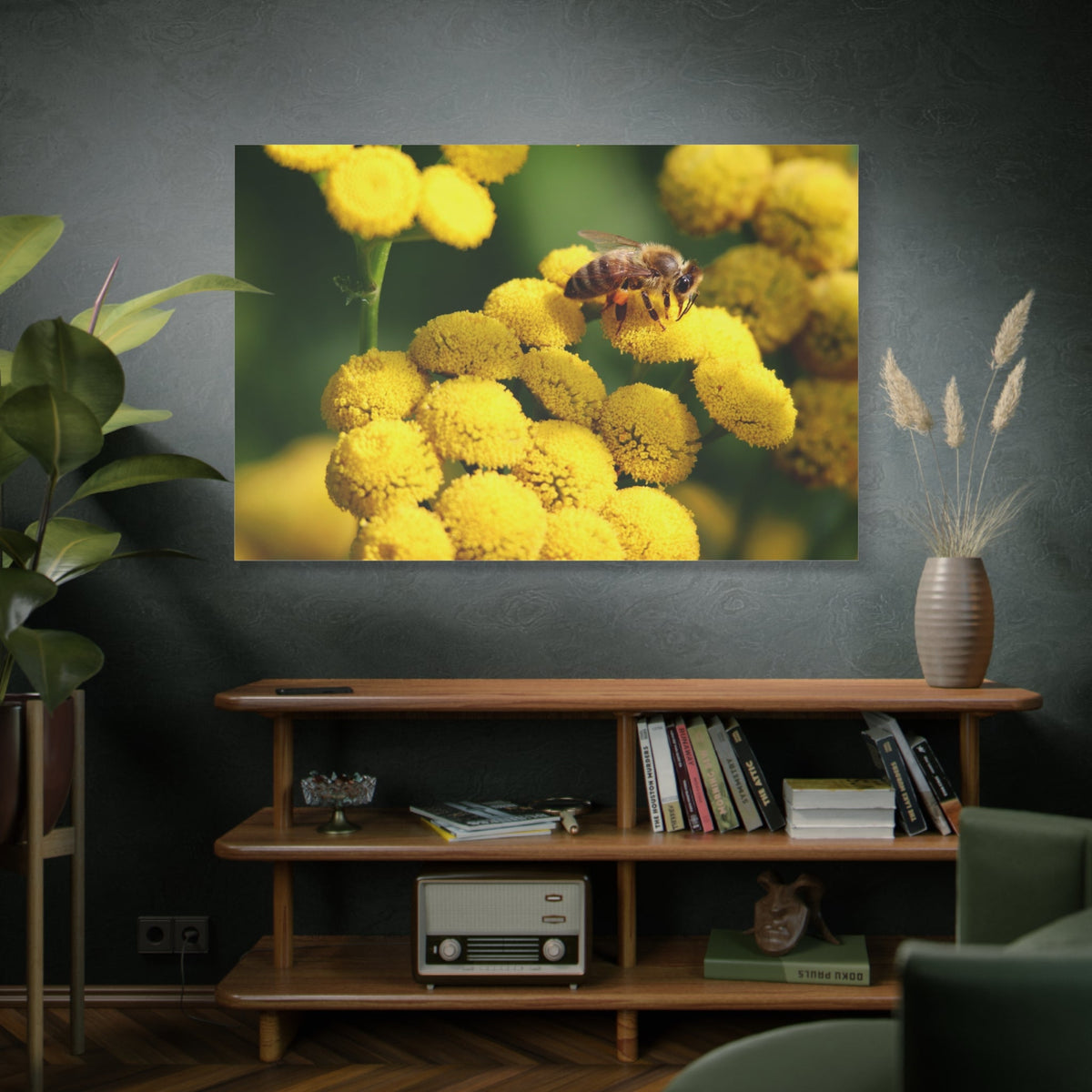 Honeybee on Tansy Flower Canvas Wall Art – A Celebration of Nature’s Harmony - ART OF ROYALS