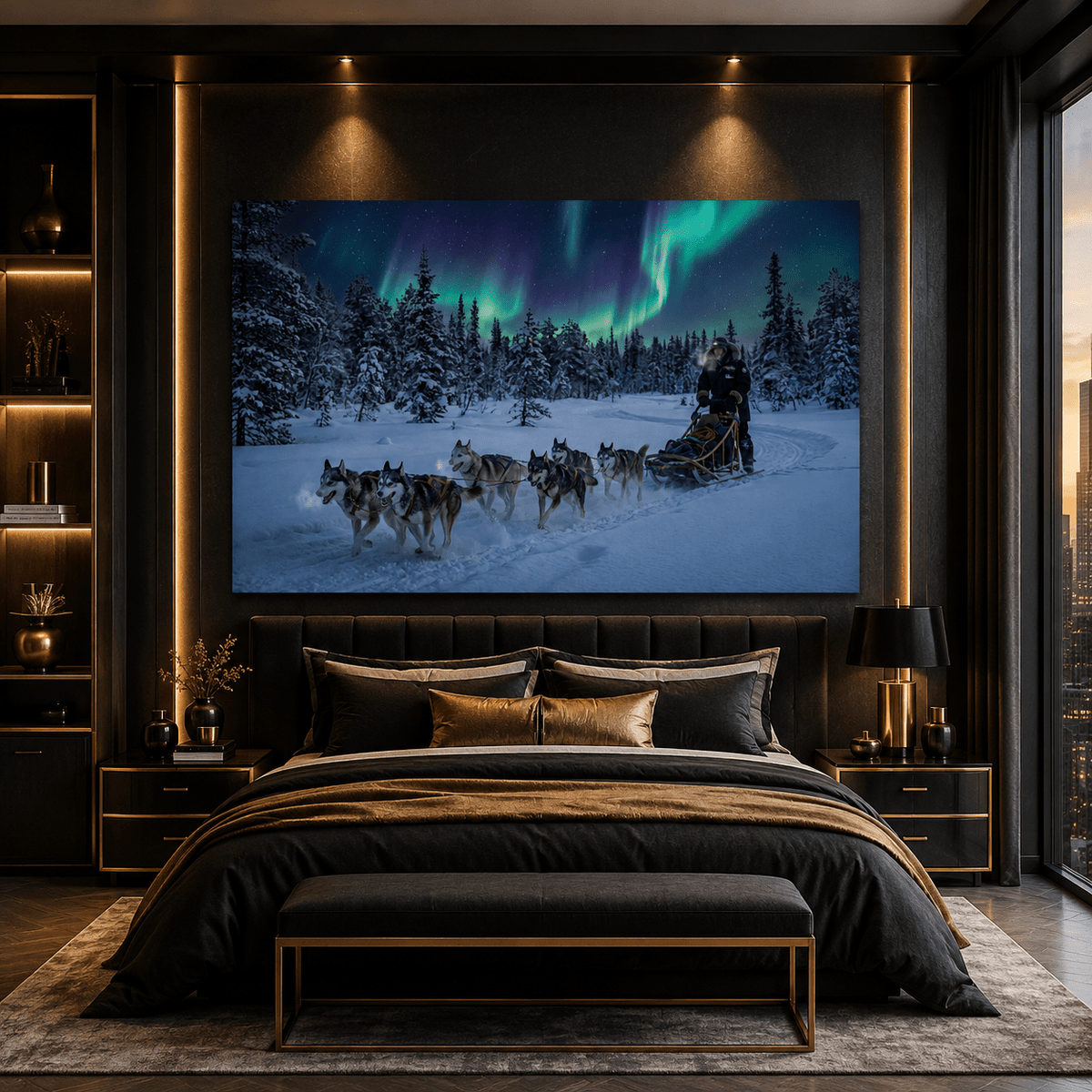 Husky Sled Under Northern Lights Canvas Wall Art – Arctic Winter Adventure Decor - ART OF ROYALS