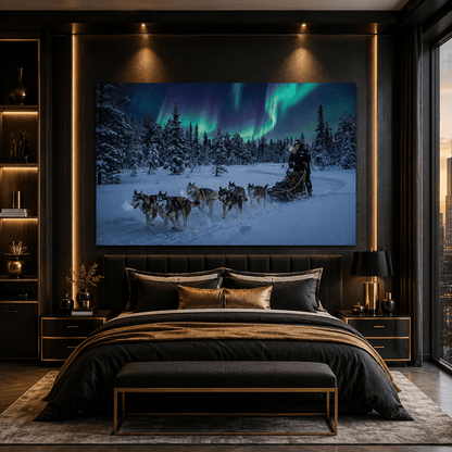 Husky Sled Under Northern Lights Canvas Wall Art – Arctic Winter Adventure Decor - ART OF ROYALS