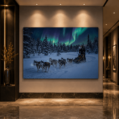 Husky Sled Under Northern Lights Canvas Wall Art – Arctic Winter Adventure Decor - ART OF ROYALS