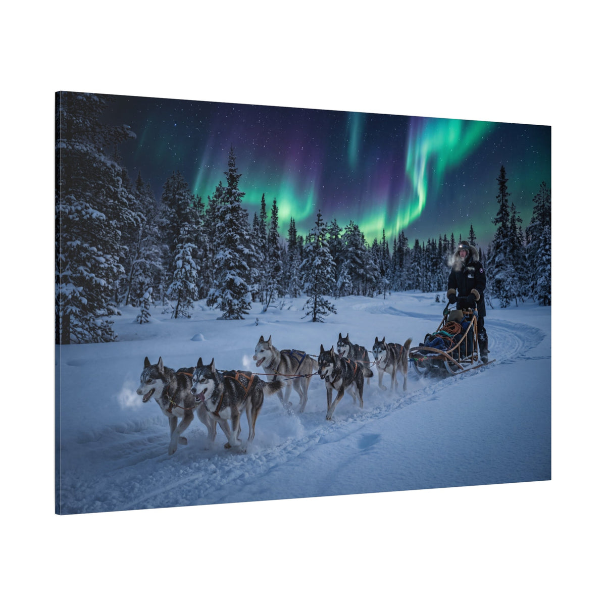 Husky Sled Under Northern Lights Canvas Wall Art – Arctic Winter Adventure Decor - ART OF ROYALS