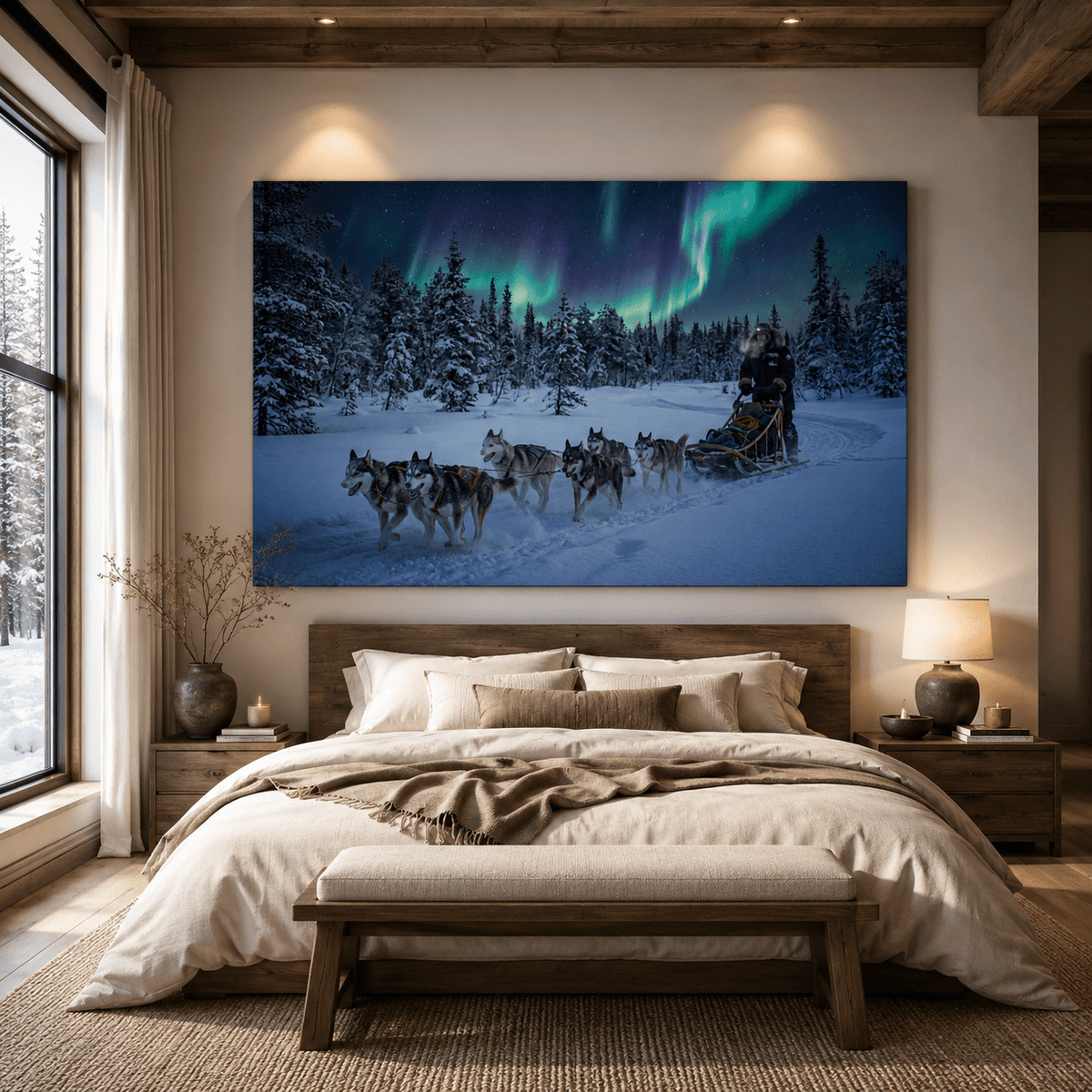 Husky Sled Under Northern Lights Canvas Wall Art – Arctic Winter Adventure Decor - ART OF ROYALS