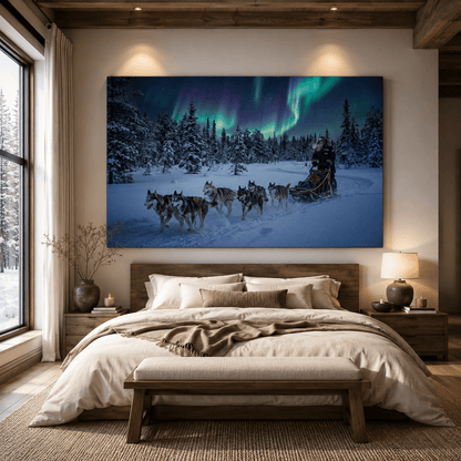 Husky Sled Under Northern Lights Canvas Wall Art – Arctic Winter Adventure Decor - ART OF ROYALS