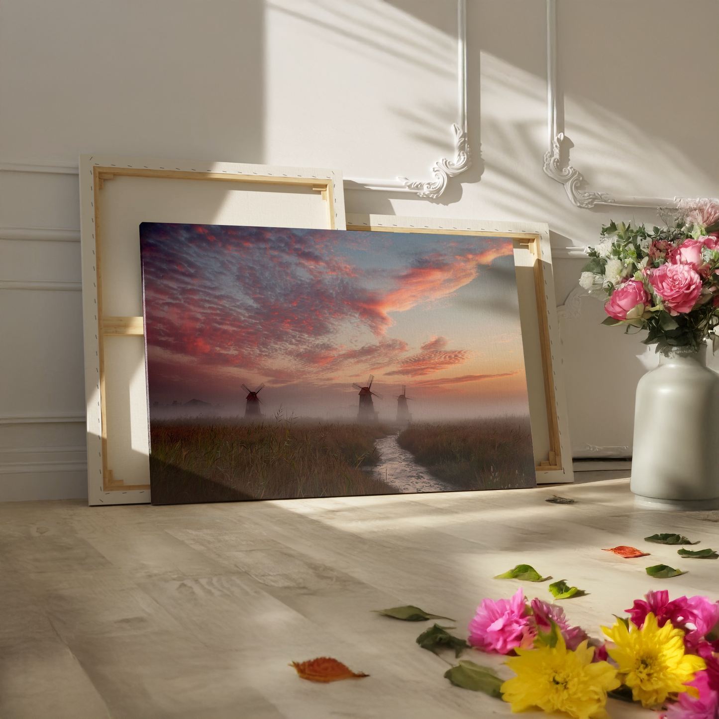 Windmills Over Tranquil River and Field